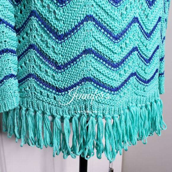 3/$25 Ruby Rd. Women's Turquoise and Royal Blue Chevron Fringe Sweater Medium - Picture 5 of 10